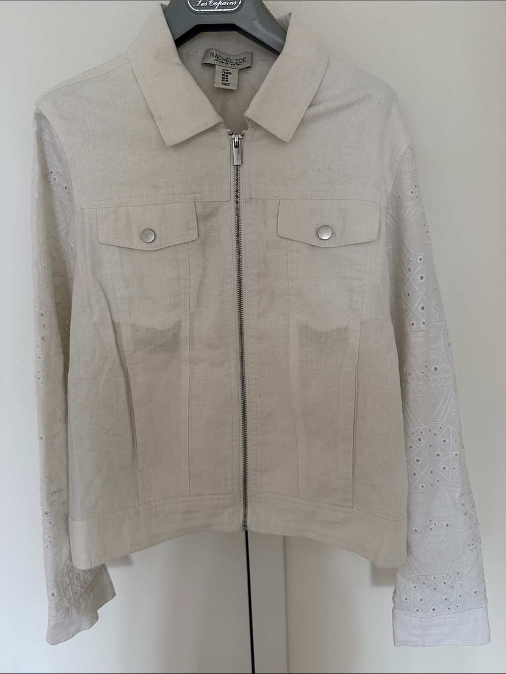 NWT Rachel Zoe Eyelet Long Sleeve Zip Front Linen Blend White Jacket. Size M.